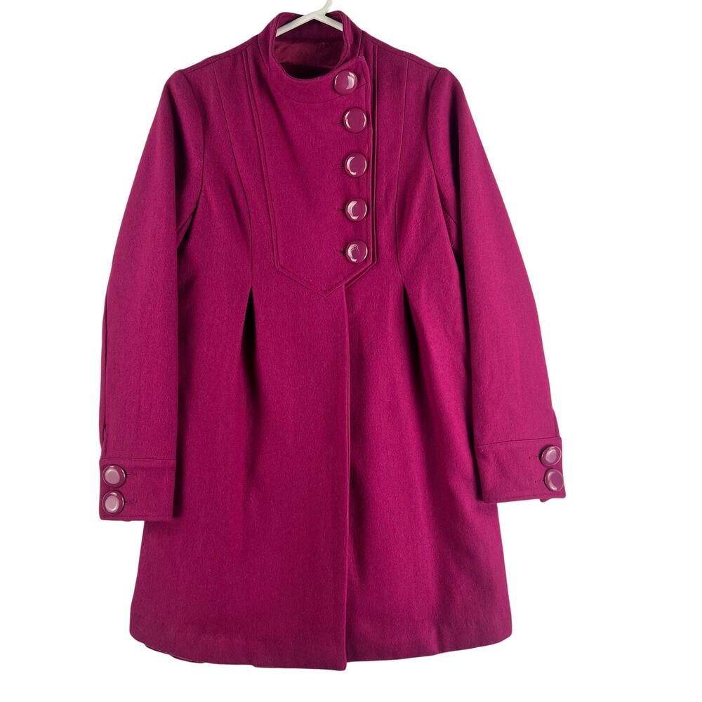 LUX. Anthropologie Womens Wool Blend Coat Small Magenta Mandarin Collar Pleated